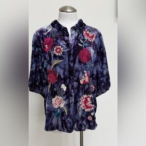 JOHNNY WAS Floral Embroidered Top On Velvet